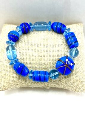 Vintage Artisan Cobalt Blue Glass Bead Stretch Bracelet Handmade Lampwork & Foil